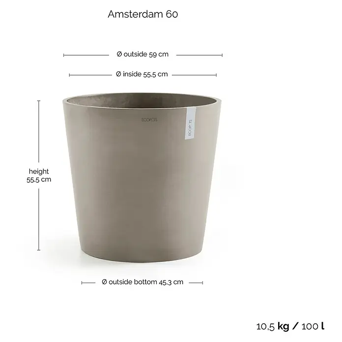 Ecopots Amsterdam Pflanztopf - Außenmaß (Ø x H): 59 x 55,5 cm, Kunststoff, Braungrau - Ein grauer, konischer Pflanztopf "Amsterdam 60" mit Größenangaben für Höhe, Durchmesser oben und unten.
