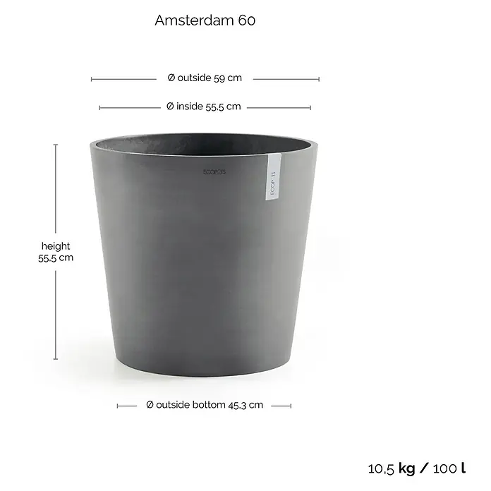Ecopots Amsterdam Pflanztopf - Außenmaß (Ø x H): 59 x 55,5 cm, Kunststoff, Grau - Abbildung eines grauen "Amsterdam 60" Pflanzgefäßes mit Größenangaben und technischen Daten.