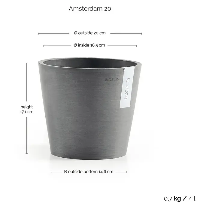 Ecopots Amsterdam Pflanztopf - Außenmaß (Ø x H): 20 x 17,1 cm, Kunststoff, Grau - Detailaufnahme eines grauen "Amsterdam 20" Pflanzgefäßes von Ecopots mit Maßangaben zu Höhe, Durchmesser oben und unten.