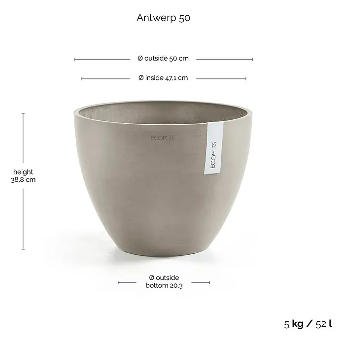 Ecopots Pflanztopf Antwerpen - Außenmaß (Ø x H): 50 x 38,8 cm, Kunststoff, Braungrau - Das Bild zeigt einen Ecopot "Antwerp 50" Pflanztopf in Grau mit den Maßen Höhe 38,8cm, Außendurchmesser 50cm und einem Gewicht von 5kg/52L.