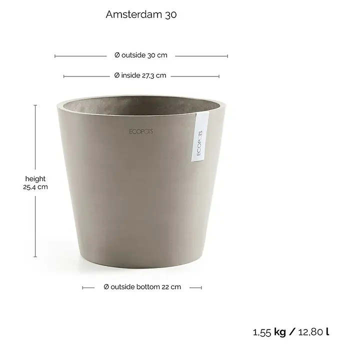 Ecopots Amsterdam Pflanztopf - Außenmaß (Ø x H): 30 x 25,4 cm, Kunststoff, Braungrau - Das Bild zeigt einen ECOPOTS Amsterdam 30 Blumentopf mit den Maßen: Höhe 25,4 cm, Außendurchmesser 30 cm, Innendurchmesser 27,3 cm und Bodendurchmesser 22 cm.