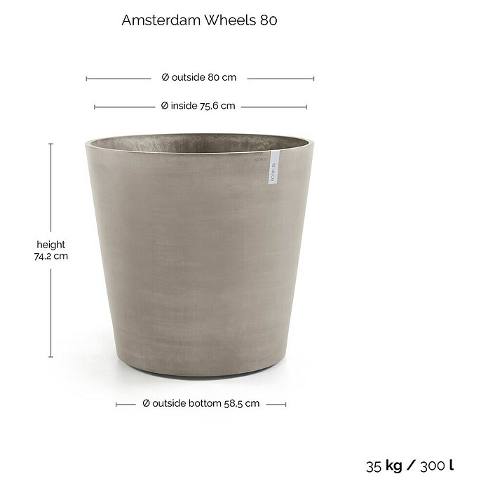 Ecopots Amsterdam Pflanzkübel rund Wheels (Außenmaß (Ø x H): 80 x 74,2 cm, Kunststoff, Braungrau, Ausstattung Pflanzgefäß: Rollen) | BAUHAUS