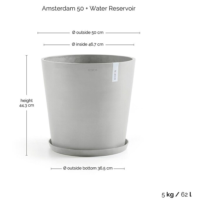 Ecopots Amsterdam Pflanzkübel rund (Außenmaß (Ø x H): 50 x 44,3 cm, Kunststoff, Weißgrau, Mit Bewässerungssystem) | BAUHAUS