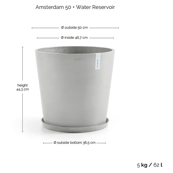 Ecopots Amsterdam Pflanzkübel rund - Außenmaß (Ø x H): 50 x 44,3 cm, Kunststoff, Weißgrau, Mit Bewässerungssystem - Das Bild zeigt einen grauen "Amsterdam 50 + Water Reservoir" Pflanztopf mit den Maßen Höhe 44.3 cm, Durchmesser oben 50 cm, und unten 36.5 cm.