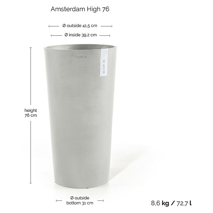 Ecopots Amsterdam Pflanzsäule rund High (Außenmaß (Ø x H): 41,5 x 76,8 cm, Kunststoff, Weiß, Grau) | BAUHAUS
