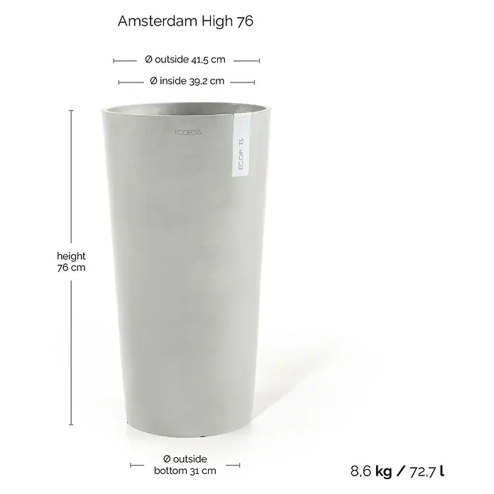 Ecopots Amsterdam Pflanzsäule rund High - Außenmaß (Ø x H): 41,5 x 76,8 cm, Kunststoff, Weiß, Grau - Bild eines grauen "Amsterdam High 76" Blumentopfs mit Größenangaben.
