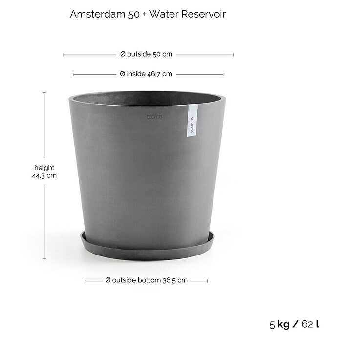 Ecopots Amsterdam Pflanzkübel rund (Außenmaß (Ø x H): 50 x 44,3 cm, Kunststoff, Grau, Mit Bewässerungssystem) | BAUHAUS
