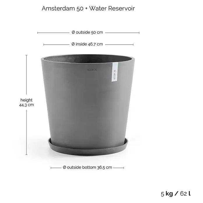 Ecopots Amsterdam Pflanzkübel rund - Außenmaß (Ø x H): 50 x 44,3 cm, Kunststoff, Grau, Mit Bewässerungssystem - Abbildung eines grauen Blumentopfs Amsterdam 50 mit Wasserreservoir und Größenangaben.