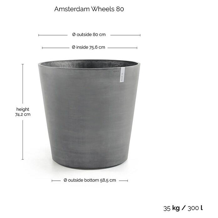 Ecopots Amsterdam Pflanzkübel rund Wheels (Außenmaß (Ø x H): 80 x 74,2 cm, Kunststoff, Grau, Ausstattung Pflanzgefäß: Rollen) | BAUHAUS
