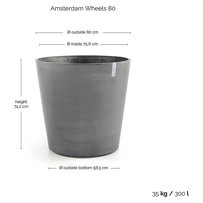 Ecopots Amsterdam Pflanzkübel rund Wheels - Außenmaß (Ø x H): 80 x 74,2 cm, Kunststoff, Grau, Ausstattung Pflanzgefäß: Rollen - Das Bild zeigt einen grauen "Amsterdam Wheels 80" Pflanzkübel mit den Maßen: Höhe 74,2 cm, Durchmesser oben außen 80 cm, unten außen 58,5 cm.