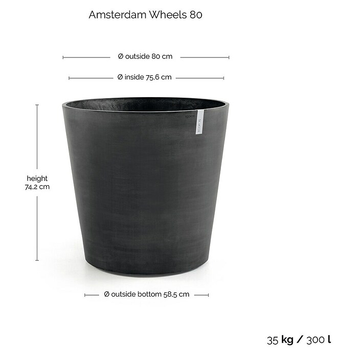 Ecopots Amsterdam Pflanzkübel rund Wheels (Außenmaß (Ø x H): 80 x 74,2 cm, Kunststoff, Dunkelgrau, Ausstattung Pflanzgefäß: Rollen) | BAUHAUS