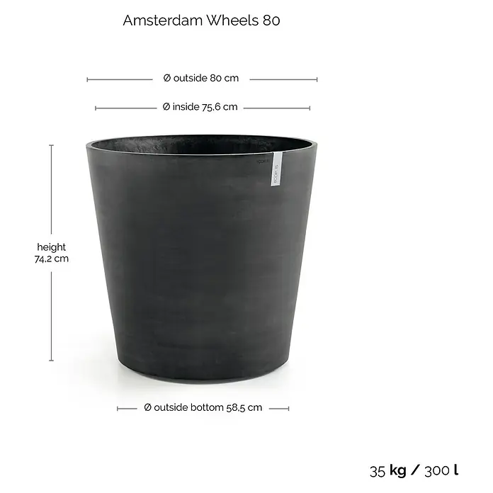 Ecopots Amsterdam Pflanzkübel rund Wheels - Außenmaß (Ø x H): 80 x 74,2 cm, Kunststoff, Dunkelgrau, Ausstattung Pflanzgefäß: Rollen - Bild eines schwarzen Amsterdam Wheels 80 Pflanzgefäßes mit Größenangaben, das stilvolles Design und Funktionalität vereint.