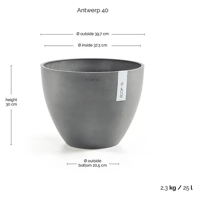 Ecopots Pflanztopf Antwerpen - Außenmaß (Ø x H): 39,7 x 30 cm, Kunststoff, Grau - Produktbild: Antwerp 40 Pflanztopf aus der ECOPOTS-Serie mit den Maßen Höhe 30 cm, Durchmesser oben außen 39,7 cm und Boden 20,5 cm.