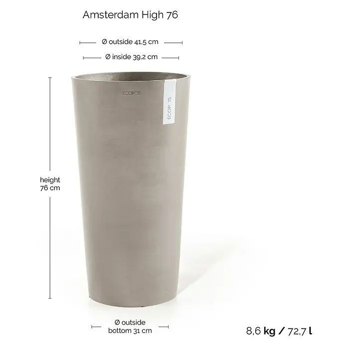 Ecopots Amsterdam Pflanzsäule rund High - Außenmaß (Ø x H): 41,5 x 76,8 cm, Kunststoff, Braungrau - Abbildung eines Amsterdam High 76 Blumentopfes. Er hat eine Höhe von 76 cm, einen Durchmesser von 41,5 cm und ein Volumen von 72,7 l.