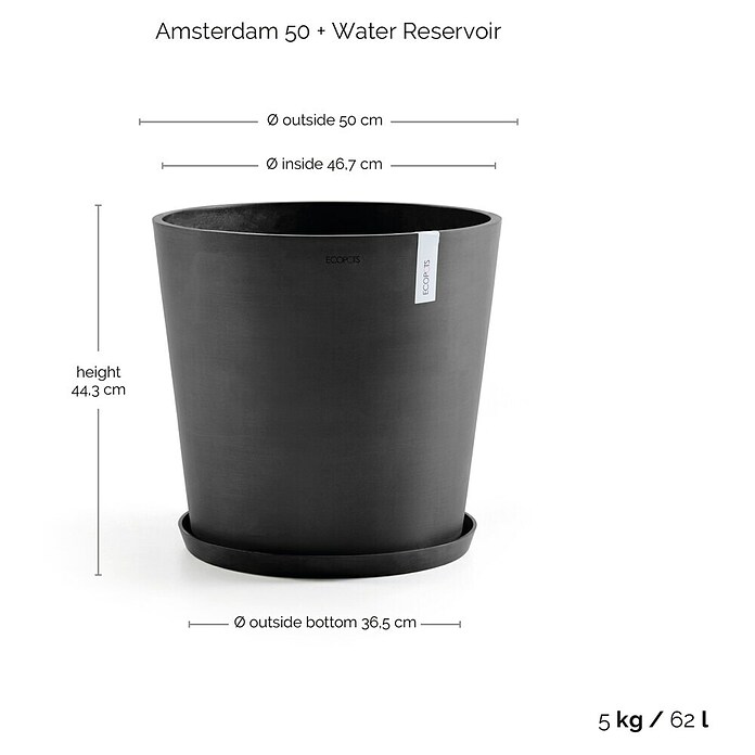 Ecopots Amsterdam Pflanzkübel rund (Außenmaß (Ø x H): 50 x 44,3 cm, Kunststoff, Dunkelgrau, Mit Bewässerungssystem) | BAUHAUS