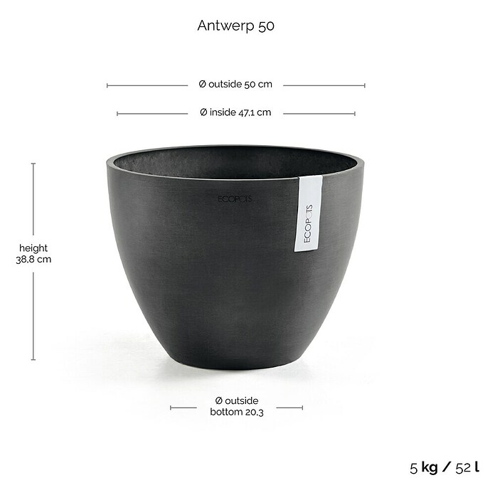 Ecopots Maceta para planta Amberes (Dimensiones externas (Ø x Al): 50 x 38,8 cm, Plástico, Gris oscuro) | BAUHAUS
