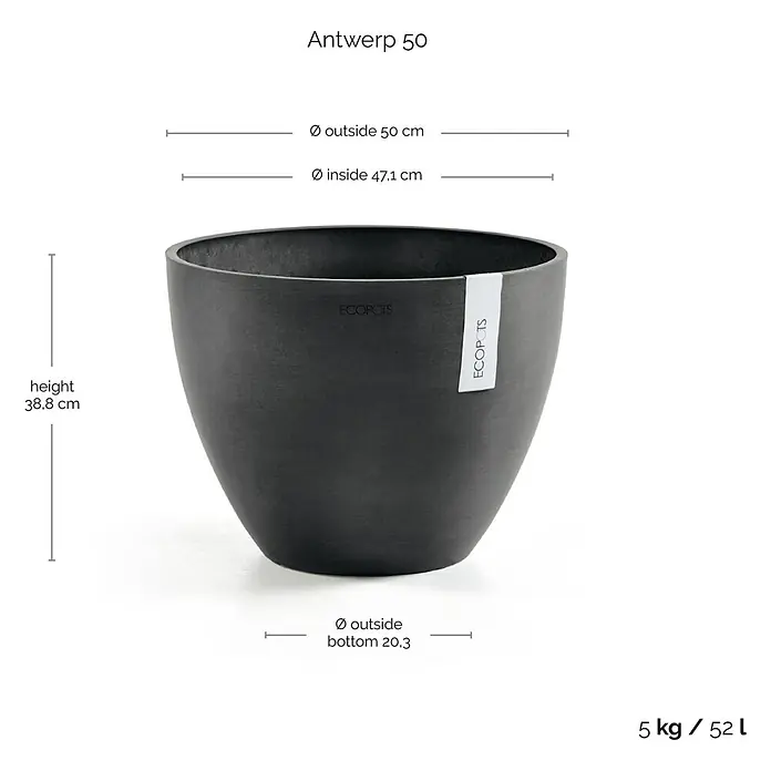 Ecopots Pflanztopf Antwerpen - Außenmaß (Ø x H): 50 x 38,8 cm, Kunststoff, Dunkelgrau - Bild eines anthrazitfarbenen "Antwerp 50" Pflanzgefäßes von Ecopots mit Maßangaben zu Höhe, Durchmesser oben und unten sowie Gewicht und Volumen.