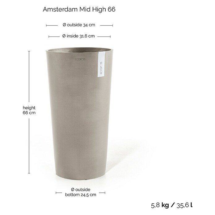 Ecopots Amsterdam Pflanzsäule rund Mid High (Außenmaß (Ø x H): 34 x 66 cm, Kunststoff, Braungrau) | BAUHAUS