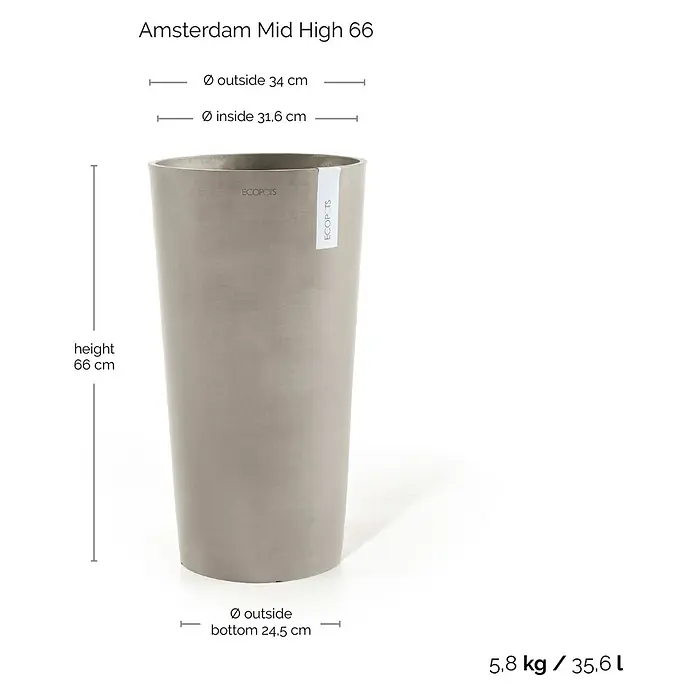 Ecopots Amsterdam Pflanzsäule rund Mid High - Außenmaß (Ø x H): 34 x 66 cm, Kunststoff, Braungrau - Bild einer hohen, grauen Pflanzsäule namens Amsterdam Mid High 66 mit Größenangaben.