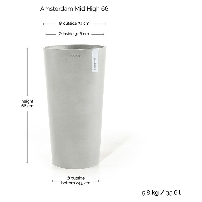 Ecopots Amsterdam Pflanzsäule rund Mid High (Außenmaß (Ø x H): 34 x 66 cm, Kunststoff, Weiß, Grau) | BAUHAUS