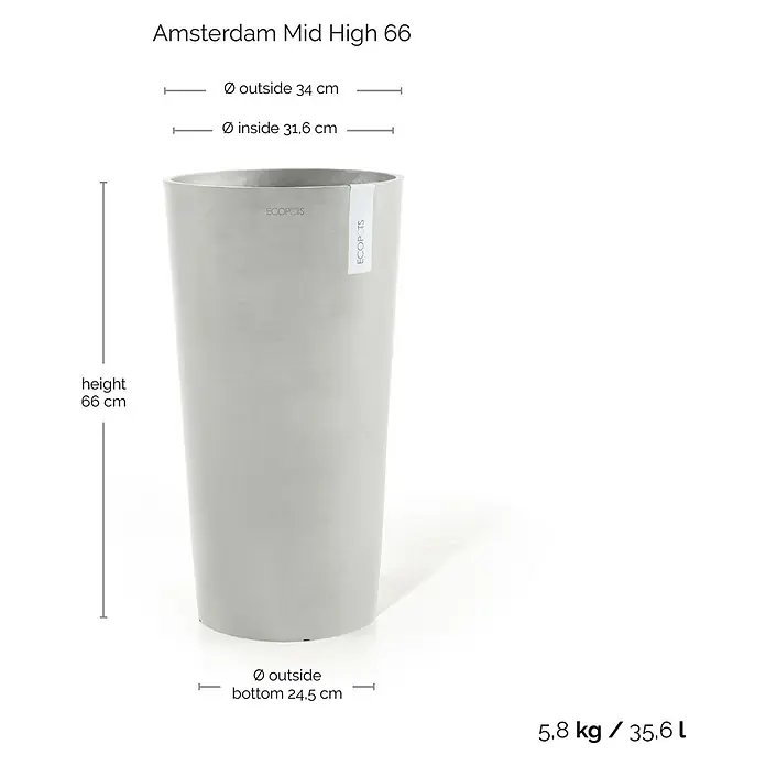 Ecopots Amsterdam Pflanzsäule rund Mid High - Außenmaß (Ø x H): 34 x 66 cm, Kunststoff, Weiß, Grau - Abbildung eines Ecopot Amsterdam Mid High 66 Blumentopfs mit den Massangaben: Höhe 66 cm, Durchmesser oben aussen 34 cm, unten 24.5 cm.
