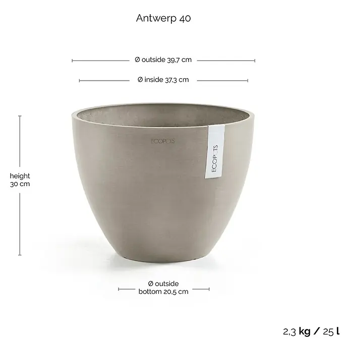 Ecopots Pflanztopf Antwerpen - Außenmaß (Ø x H): 39,7 x 30 cm, Kunststoff, Braungrau - Abbildung eines beigen "Antwerp 40" Blumentopfes der Marke Ecopots mit Größenangaben und Gewichtsangabe.