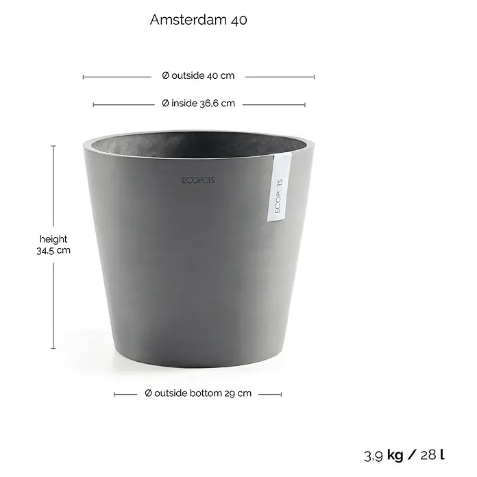 Ecopots Amsterdam Pflanztopf - Außenmaß (Ø x H): 40 x 354,5 cm, Kunststoff, Grau - Abbildung eines grauen Blumentopfs "Amsterdam 40" mit Größenangaben. Ein vielseitiger und stilvoller Topf für den Innen- und Außenbereich.