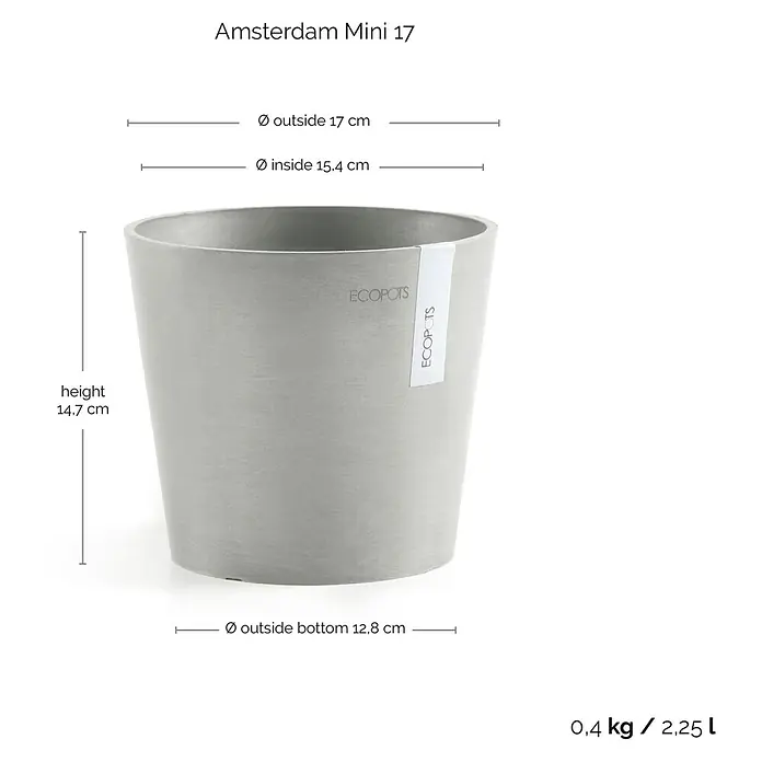Ecopots Amsterdam Pflanztopf Mini - Außenmaß (Ø x H): 17 x 14,9 cm, Kunststoff, Weiß, Grau - Nahaufnahme des "Amsterdam Mini 17" Pflanztopfs mit Größenangaben. Der Topf ist grau und hat eine konische Form.