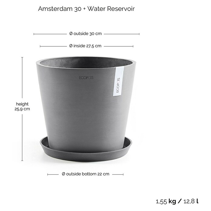 Ecopots Amsterdam Pflanzkübel rund (Außenmaß (Ø x H): 30 x 25,9 cm, Kunststoff, Grau, Mit Bewässerungssystem) | BAUHAUS