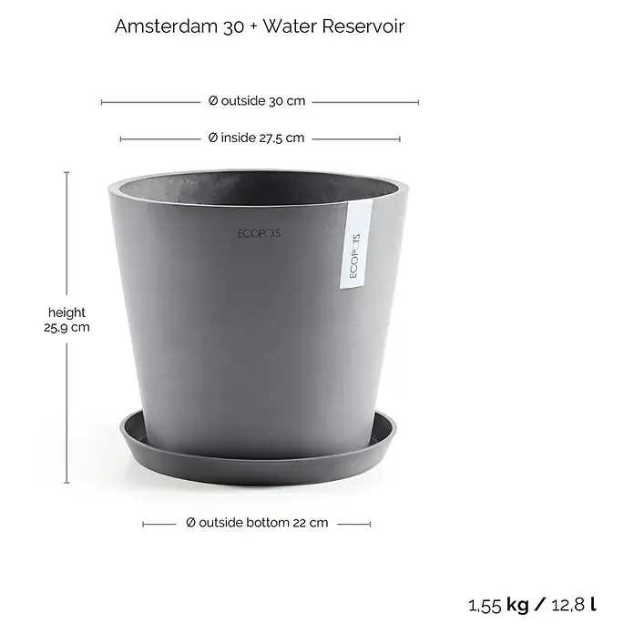 Ecopots Amsterdam Pflanzkübel rund - Außenmaß (Ø x H): 30 x 25,9 cm, Kunststoff, Grau, Mit Bewässerungssystem - Der graue "Amsterdam 30" Blumentopf mit Wasserreservoir, zeigt die Maße: Höhe 25.9 cm, Durchmesser oben 30 cm, Durchmesser unten 22 cm.