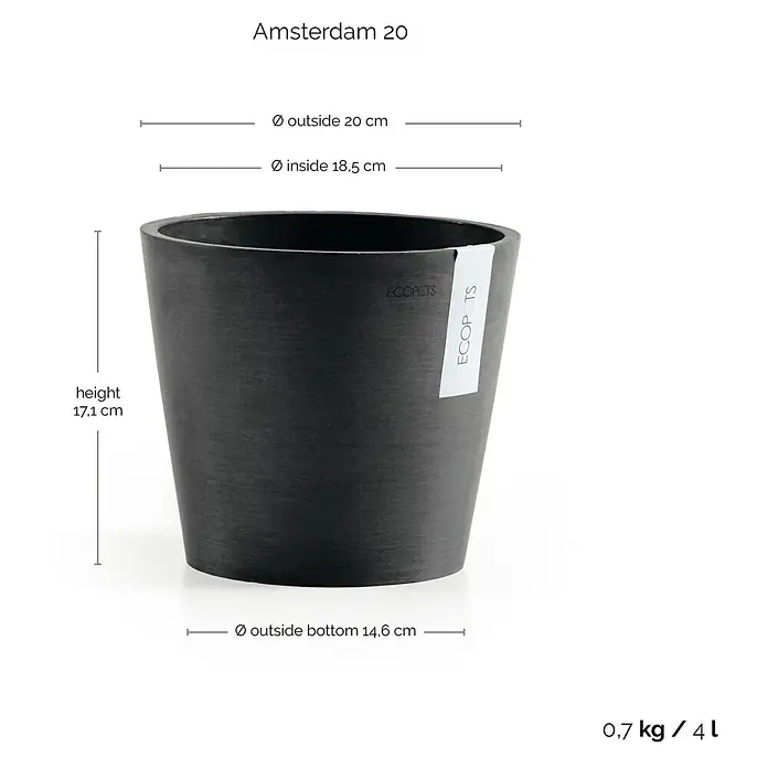 Ecopots Amsterdam Pflanztopf - Außenmaß (Ø x H): 20 x 17,1 cm, Kunststoff, Dunkelgrau - Produktbild: Anthrazitfarbener EcoPots Amsterdam 20 Pflanztopf mit Größenangaben. Ein minimalistischer, moderner Topf für den Innen- und Außenbereich.