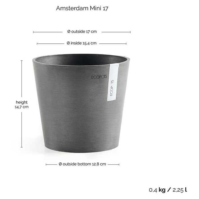 Ecopots Amsterdam Pflanztopf Amsterdam (Außenmaß (Ø x H): 17 x 14,9 cm, Kunststoff, Grau) | BAUHAUS