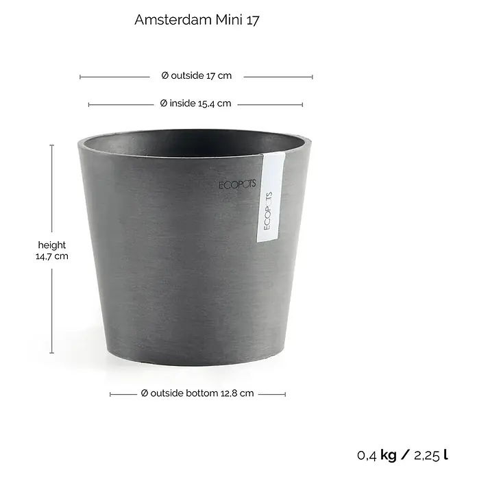 Ecopots Amsterdam Pflanztopf - Außenmaß (Ø x H): 17 x 14,9 cm, Kunststoff, Grau - Abbildung eines grauen Ecopot Amsterdam Mini 17 Blumentopfs mit Größenangaben zu Höhe, Durchmesser oben und unten, sowie Gewichts- und Volumenangaben.
