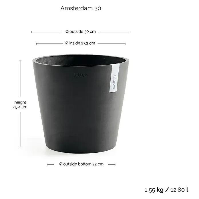 Ecopots Amsterdam Pflanztopf - Außenmaß (Ø x H): 30 x 25,4 cm, Kunststoff, Dunkelgrau - Abbildung eines schwarzen ECOPOTS Amsterdam 30 Blumentopfes mit Größenangaben.