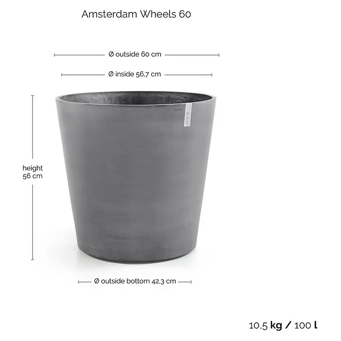 Ecopots Amsterdam Pflanzkübel rund Wheels - Außenmaß (Ø x H): 60 x 56 cm, Kunststoff, Grau, Ausstattung Pflanzgefäß: Rollen - Grauer "Amsterdam Wheels 60" Pflanztopf mit Abmessungen und Volumenangabe, ideal für den Innen- und Außenbereich.