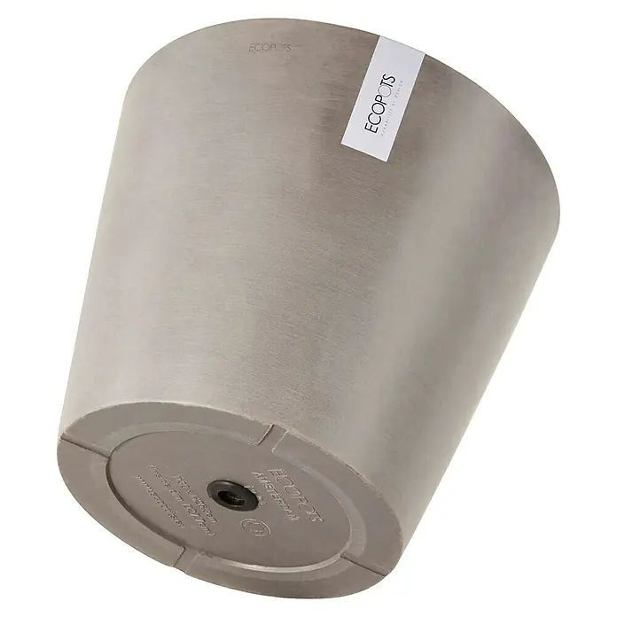 Ecopots Amsterdam Pflanztopf - Außenmaß (Ø x H): 40 x 34,5 cm, Kunststoff, Braungrau - Nahaufnahme eines grauen Ecopots Blumentopfes, der modernes Design und Nachhaltigkeit vereint. Ideal für Innen- und Außenbereiche.