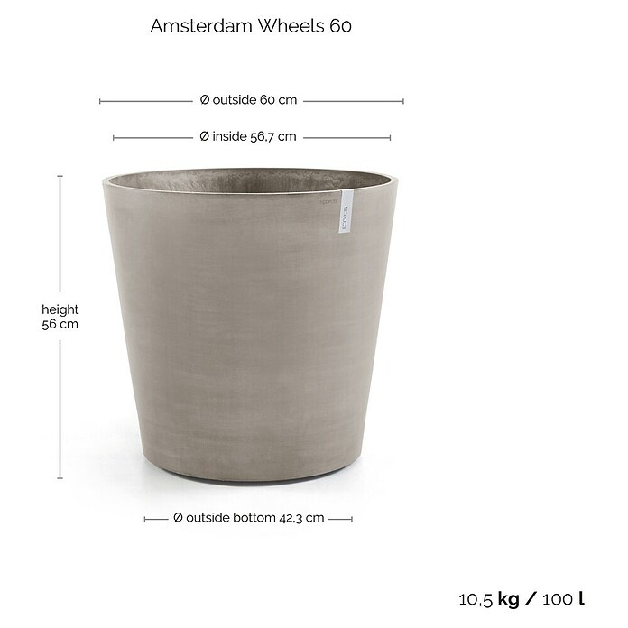 Ecopots Amsterdam Pflanzkübel rund Wheels (Außenmaß (Ø x H): 60 x 56 cm, Kunststoff, Braungrau, Ausstattung Pflanzgefäß: Rollen) | BAUHAUS