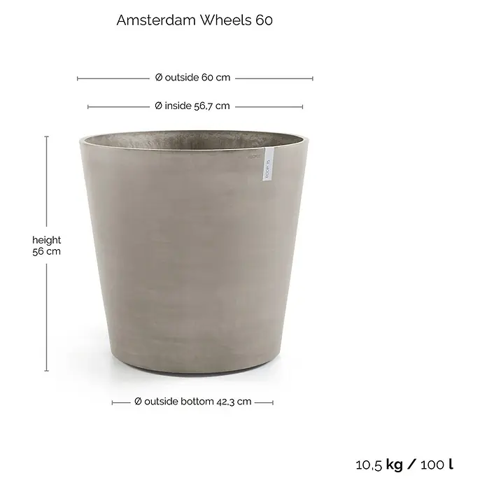 Ecopots Amsterdam Pflanzkübel rund Wheels - Außenmaß (Ø x H): 60 x 56 cm, Kunststoff, Braungrau, Ausstattung Pflanzgefäß: Rollen - Nahaufnahme eines „Amsterdam Wheels 60“-Blumentopfs in neutralem Farbton, der die Abmessungen und das Gewicht des Produkts hervorhebt.