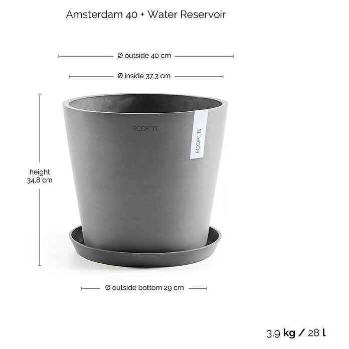 Ecopots Amsterdam Pflanzkübel rund (Außenmaß (Ø x H): 40 x 34,8 cm, Kunststoff, Grau, Mit Bewässerungssystem) | BAUHAUS