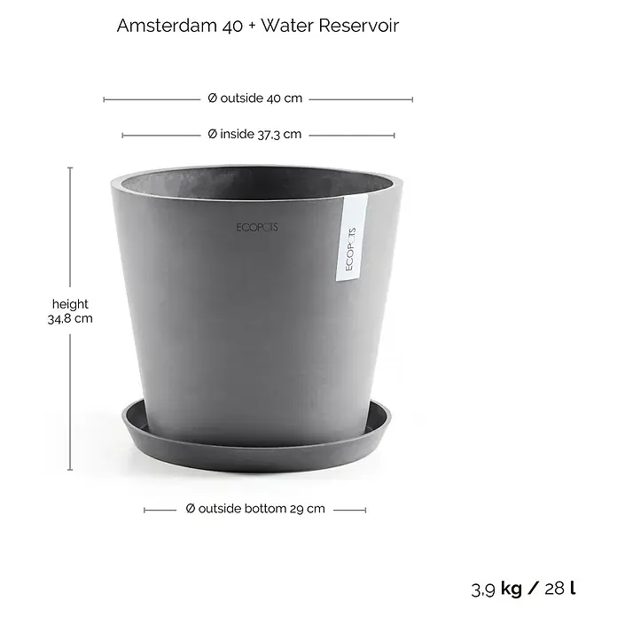 Ecopots Amsterdam Pflanzkübel rund - Außenmaß (Ø x H): 40 x 34,8 cm, Kunststoff, Grau, Mit Bewässerungssystem - Abbildung eines grauen Amsterdam 40 Pflanztopfs mit Wasserreservoir, der sich durch sein modernes Design und seine Funktionalität auszeichnet.