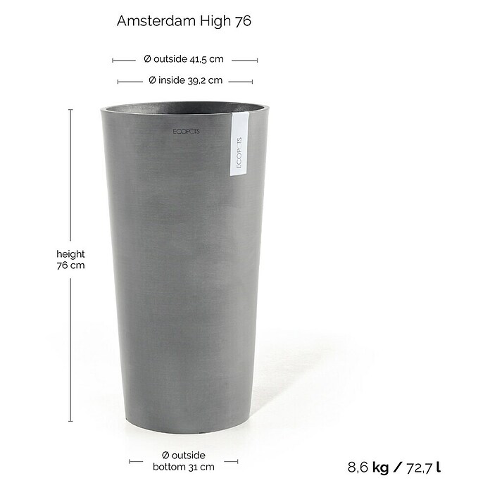Ecopots Amsterdam Pflanzsäule rund High (Außenmaß (Ø x H): 41,5 x 76,8 cm, Kunststoff, Grau) | BAUHAUS