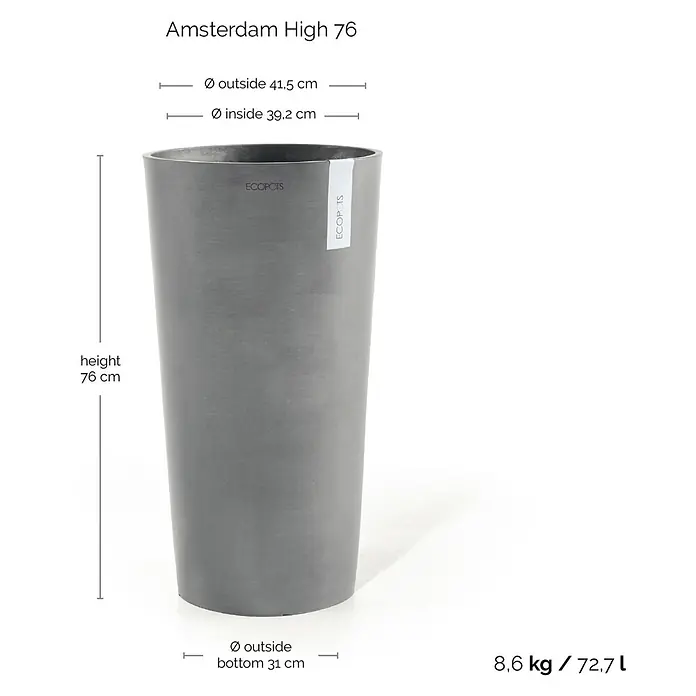 Ecopots Amsterdam Pflanzsäule rund High - Außenmaß (Ø x H): 41,5 x 76,8 cm, Kunststoff, Grau - Abbildung eines grauen, hohen Amsterdam 76 Pflanzgefäßes mit den dazugehörigen Abmessungen.