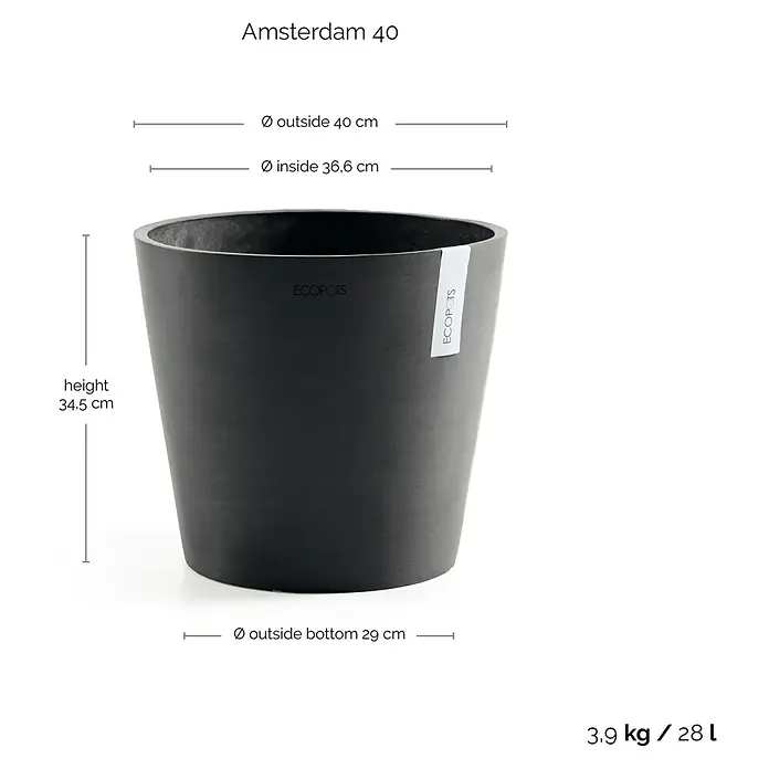 Ecopots Amsterdam Pflanztopf - Außenmaß (Ø x H): 40 x 34,5 cm, Kunststoff, Dunkelgrau - Abgebildet ist der anthrazitfarbene Pflanztopf "Amsterdam 40" von Ecopots mit den Maßen 40x34,5x29 cm und einem Volumen von 28 Litern.