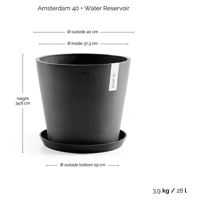 Ecopots Amsterdam Pflanzkübel rund - Außenmaß (Ø x H): 40 x 34,8 cm, Kunststoff, Dunkelgrau, Mit Bewässerungssystem - Bild eines schwarzen "Amsterdam 40"-Blumentopfes mit Wasserreservoir, der Abmessungen wie Höhe, Durchmesser oben und unten zeigt.
