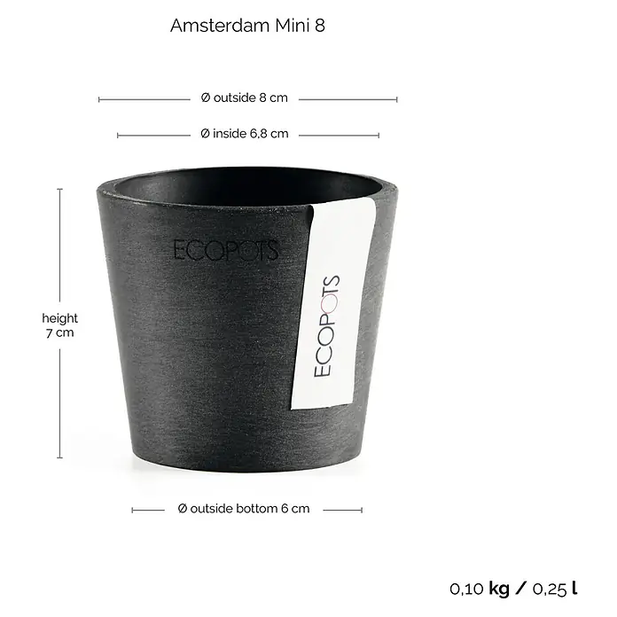 Ecopots Amsterdam Pflanztopf Mini - Außenmaß (Ø x H): 8 x 7 cm, Kunststoff, Dunkelgrau - Nahaufnahme des Pflanzgefäßes Amsterdam Mini 8 von ECOPOTS mit Maßangaben zu Höhe und Durchmesser. Perfekt für kleine Pflanzen und Kräuter.