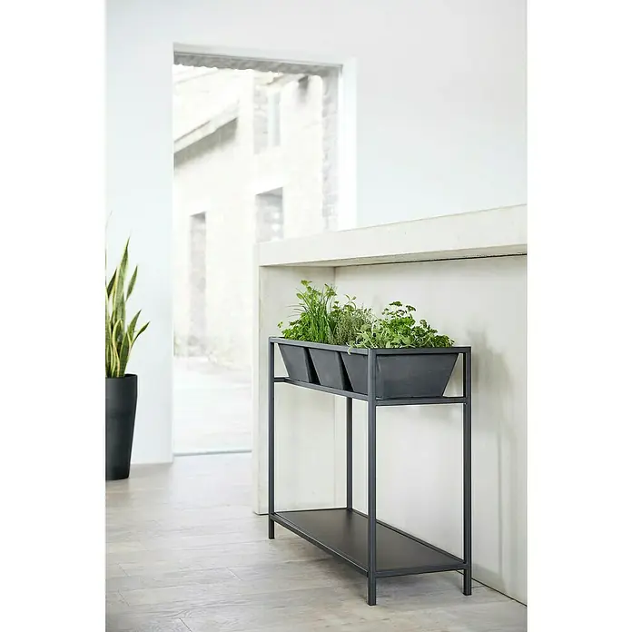 Ecopots Berlin Kräuterhochbeet - Dunkelgrau - Kräutertisch mit drei Pflanzgefäßen, ideal für die Küche. Das schlichte Design passt gut zu modernen Einrichtungen und spart Platz.