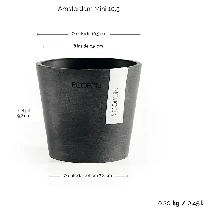 Ecopots Amsterdam Pflanztopf Mini - Außenmaß (Ø x H): 10,5 x 9,2 cm, Kunststoff, Dunkelgrau - Bild eines "Amsterdam Mini 10.5" Blumentopfs von Ecopots mit Größenangaben.