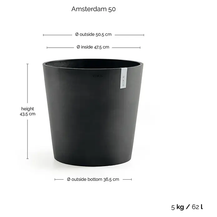 Ecopots Amsterdam Pflanztopf - Außenmaß (Ø x H): 50,5 x 43,5 cm, Kunststoff, Dunkelgrau - Bild einer Anthrazitfarbener Pflanztopf Amsterdam 50 mit Maßangaben zu Höhe, Durchmesser oben und unten sowie Gewicht und Volumen.