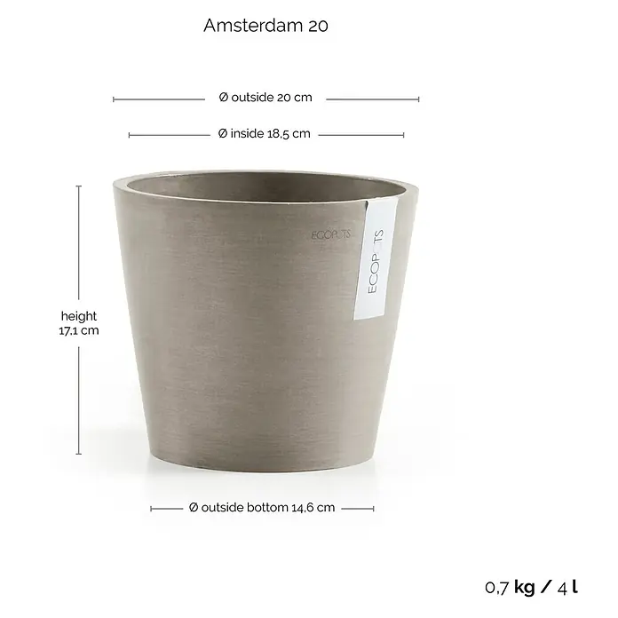 Ecopots Amsterdam Pflanztopf - Außenmaß (Ø x H): 20 x 17,1 cm, Kunststoff, Braungrau - Abbildung eines grauen "Amsterdam 20" Pflanzgefäßes von Ecopots mit Größenangaben, ideal für Innen- und Außenbereich.