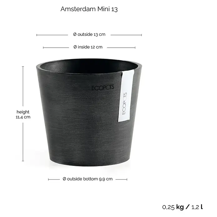 Ecopots Amsterdam Pflanztopf Mini - Außenmaß (Ø x H): 13 x 11,4 cm, Kunststoff, Dunkelgrau - Abbildung eines grauen "Amsterdam Mini 13" Blumentopfs von Ecopots, der sich durch sein stilvolles Design und seine kompakten Maße auszeichnet.